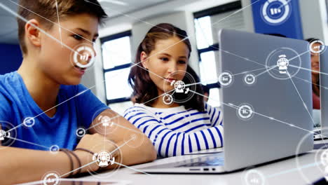 Animation of network of connections over caucasian male and female students using computers
