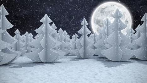 Paisaje-Invernal-Con-Luna-Llena-Y-Nieve-Que-Cae