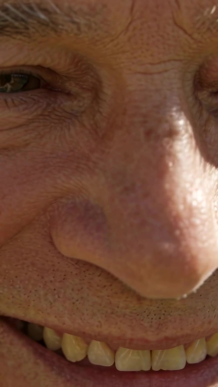 Vertical video: Smiling senior man squinting at sun in outdoor closeup, camera capturing face