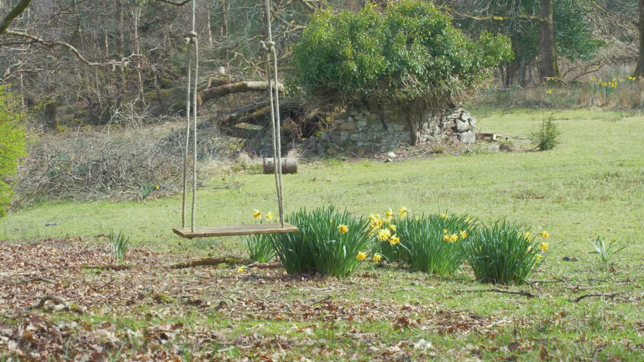 Empty swing sways in breeze springtime nostalgic
