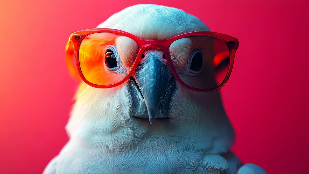 Chic bird in glasses, colorful bg. A bird sports bright red glasses, standing out against a vivid background in a playful and humorous scene