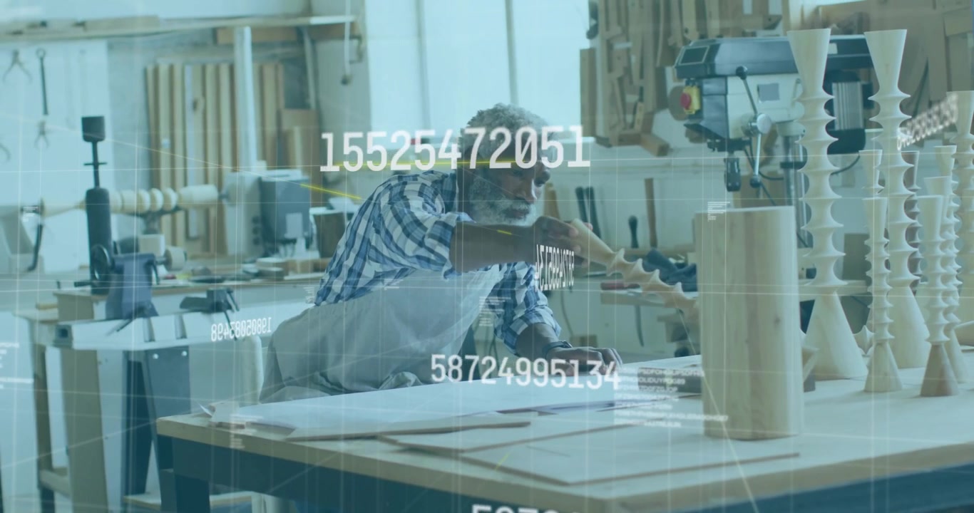 Leaning in shop woodworker marking points for fit check rotating spindle as data charts flickering