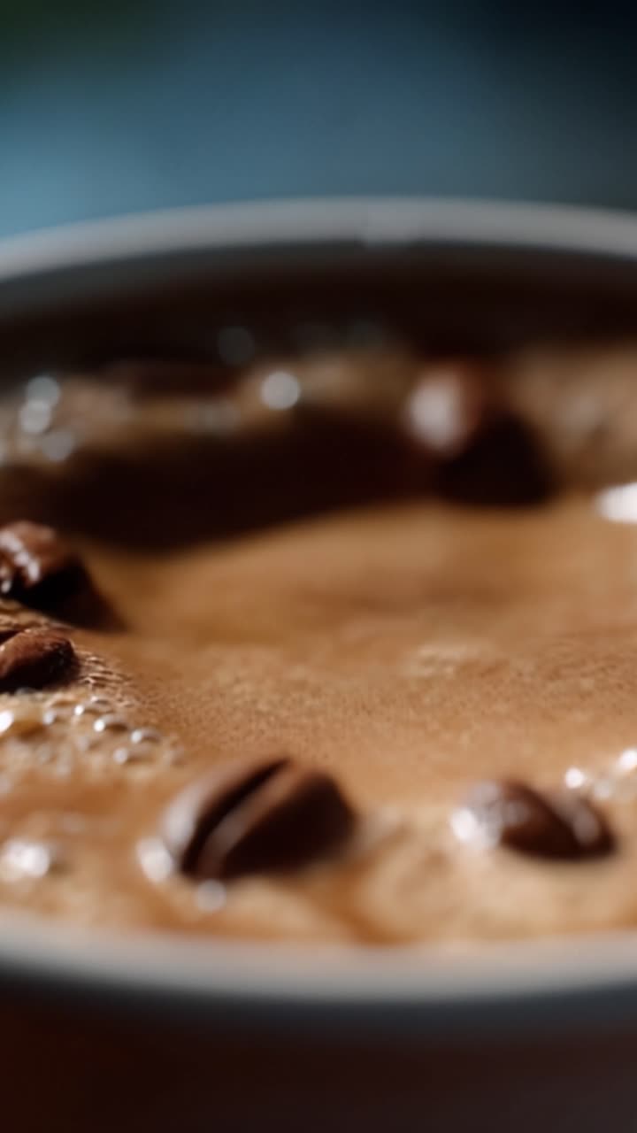 Sequenza accattivante di momenti del caffè: da uno schizzo dinamico a una superficie tranquilla in un caffè intenso, che esalta sapore e consistenza ad ogni sorso.