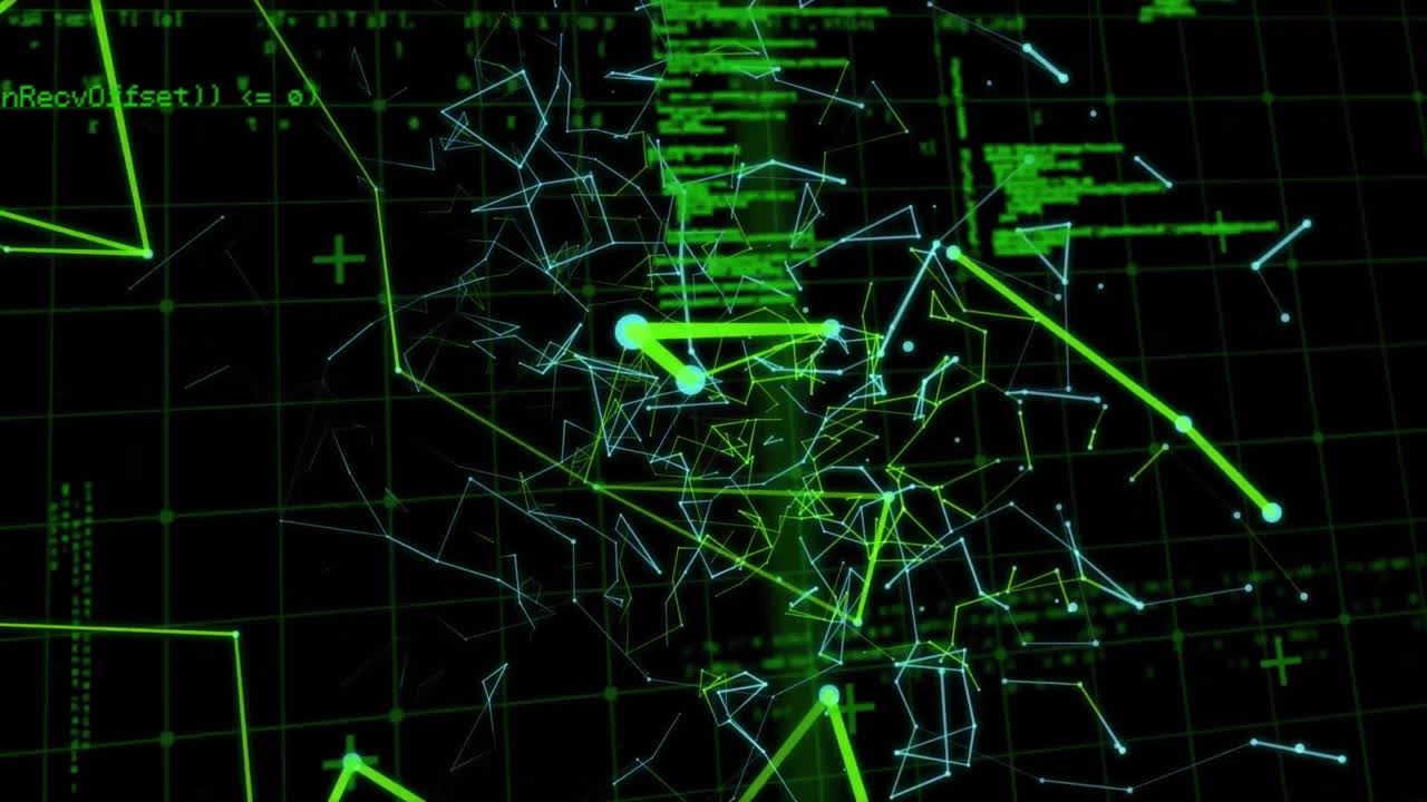 Animation of data processing over blue and green networks of connections on black background
