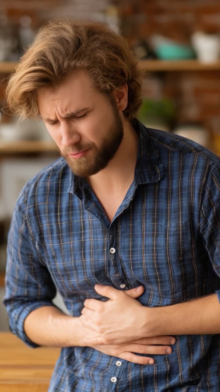 Un giovane uomo che prova disagio mentre si tiene lo stomaco, mostrando segni di sofferenza in un ambiente cucina accogliente.