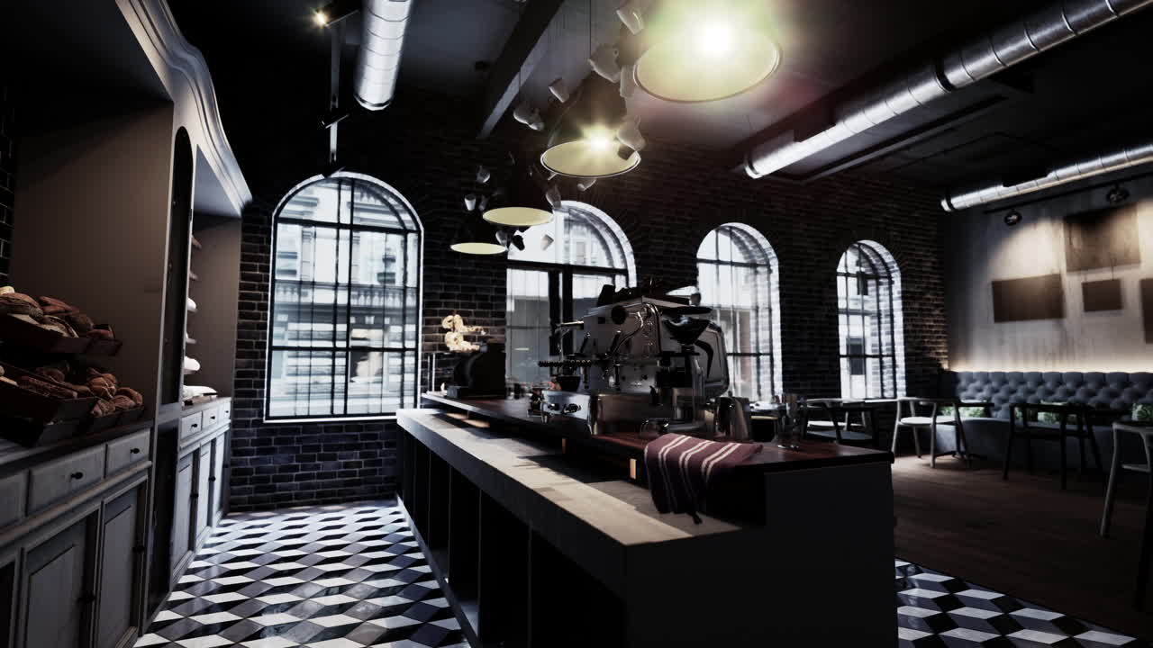 벽돌 벽과 큰 창문으로 현대적인 카페 인테리어 디자인