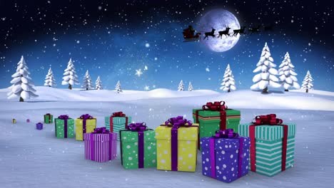 Snow-falling-over-christmas-gifts-on-winter-landscape-against-moon-in-the-night-sky