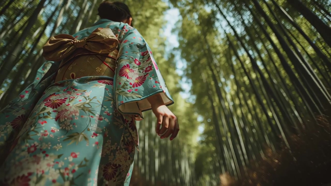 Inquadratura dal basso di una donna in un kimono floreale tradizionale che cammina lungo un sentiero in un rigoglioso boschetto di bambù, illuminato dal sole e sereno, ideale per temi di viaggio e cultura.