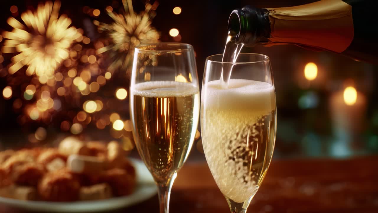 Celebratory Moment: A Toast with Sparkling Champagne as Fireworks Illuminate the Night Sky, Perfectly Captured in a Festive Setting with Savory Delights on the Table
