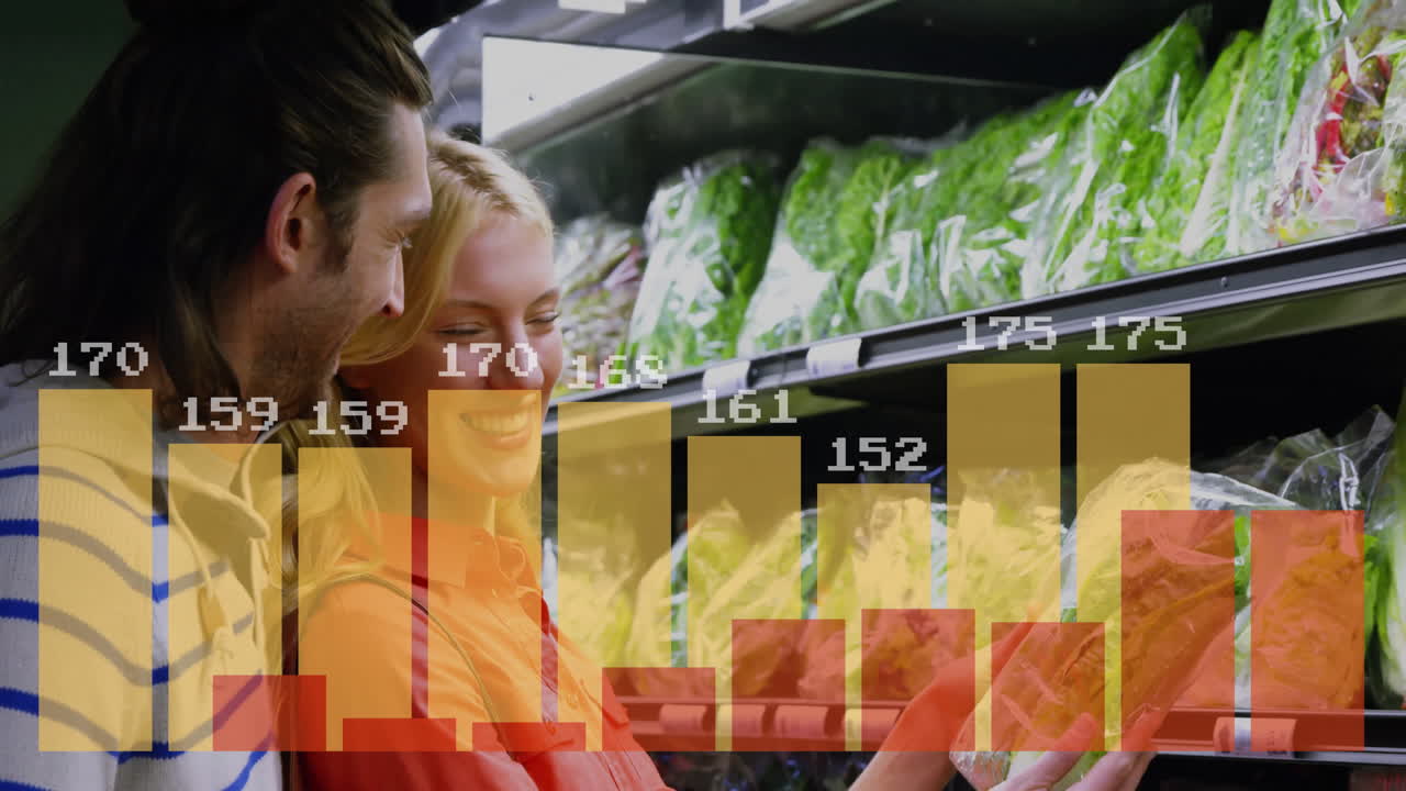 Couple shopping for vegetables with bar chart animation overlaying their choices