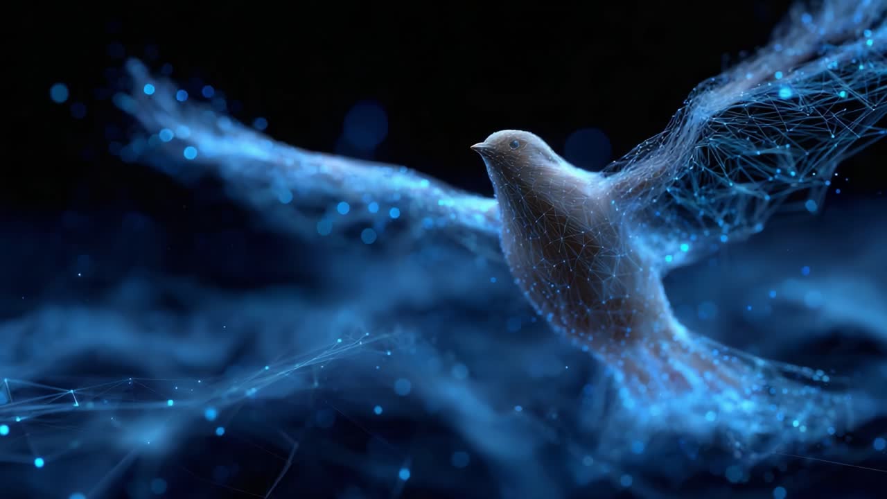 Un maestoso uccello digitale in volo: alla scoperta della meravigliosa fusione tra natura e tecnologia catturata in due straordinari fotogrammi di arte e innovazione