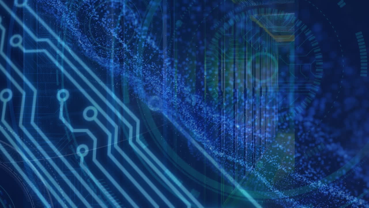 Animation of blue particles moving around hud elements on digital interface