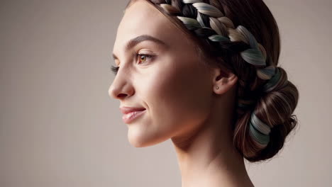 close-up profile portrait of a woman with braided colorful hair