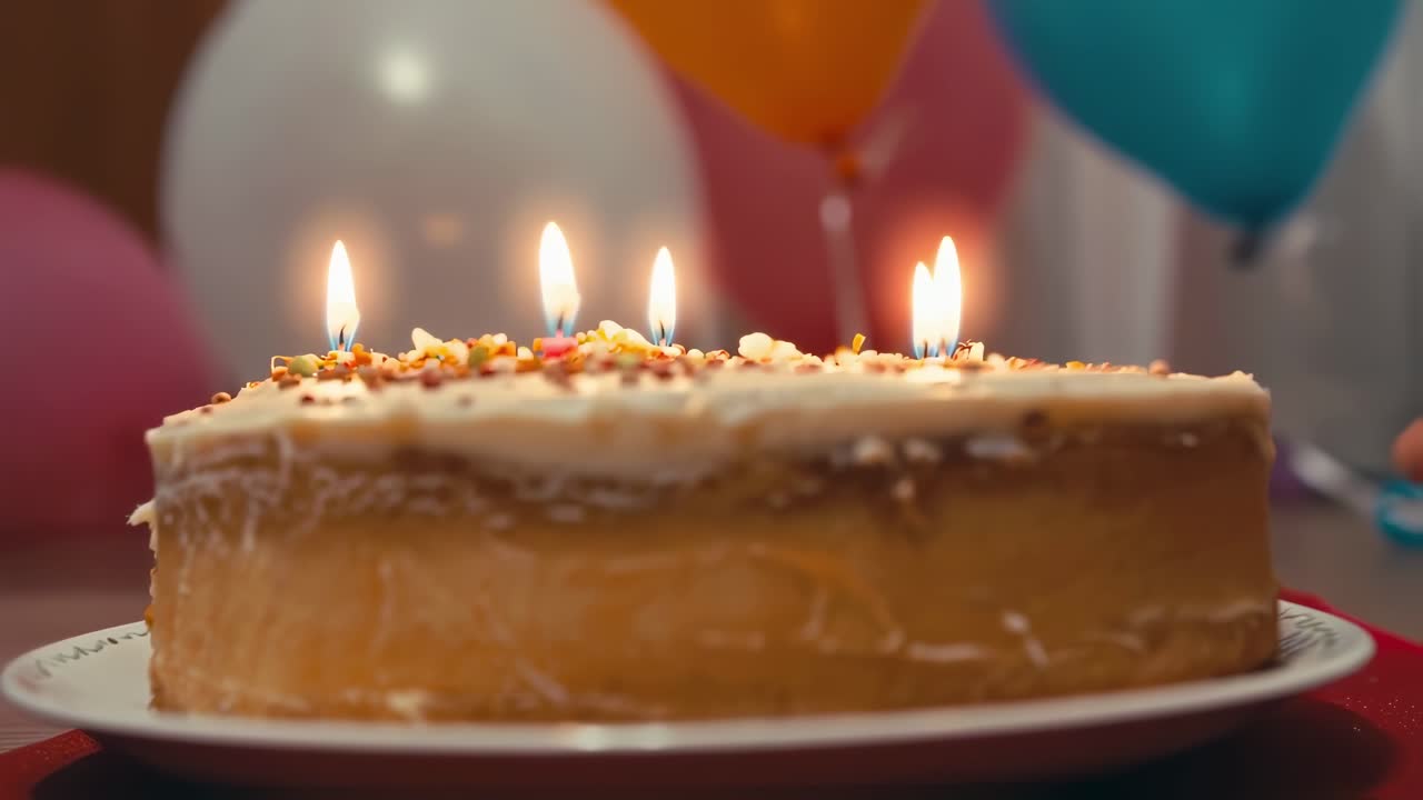 Hands carefully lighting birthday cake candles, surrounded by vibrant balloons, capturing festive celebration moment with warm, joyful atmosphere