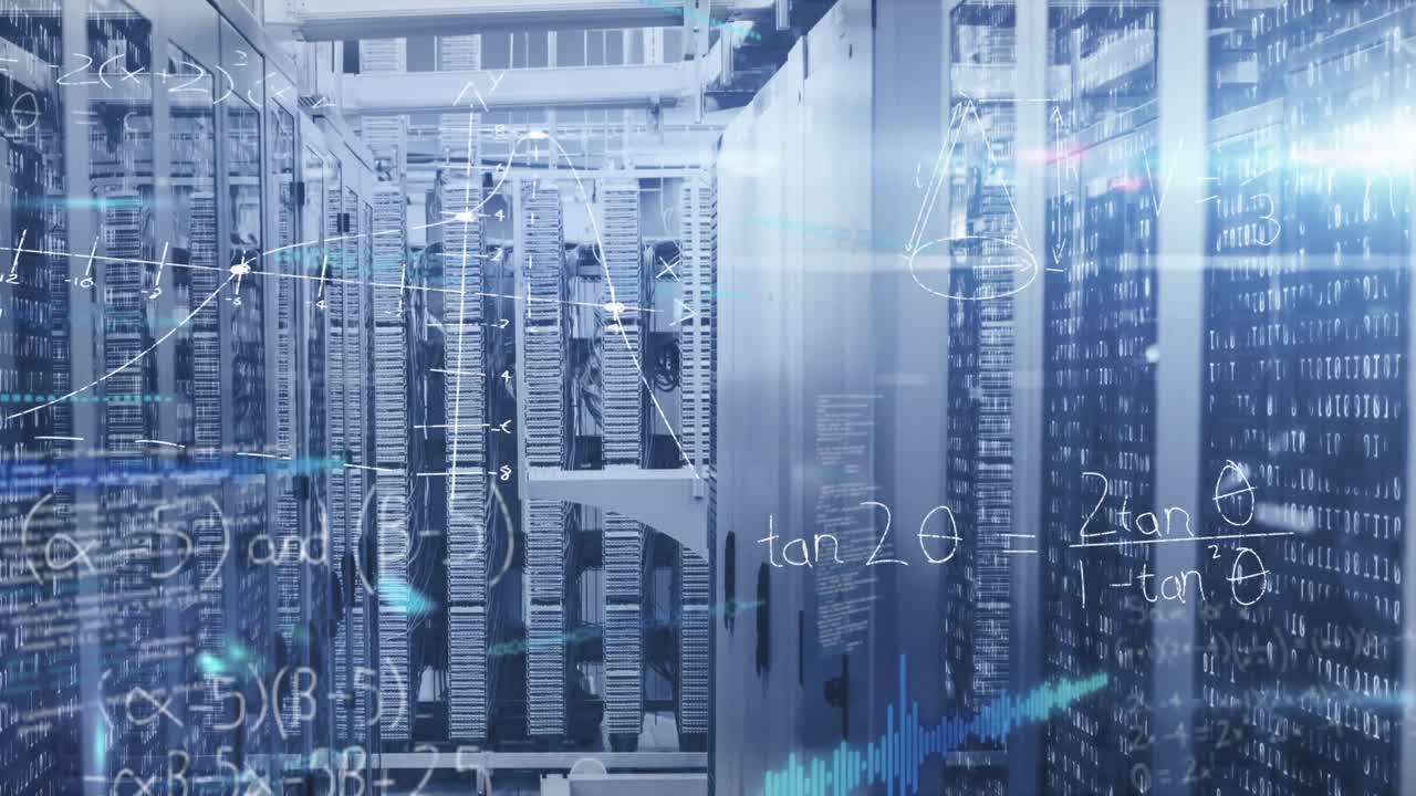 Animation of mathematical equations and data processing against empty computer server room