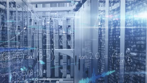 animation of mathematical equations and data processing against empty computer server room