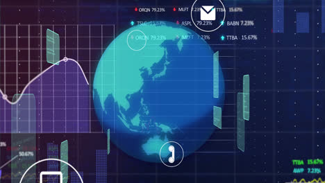 animation of graphs, trading boards and computer language over rotating globe over black background