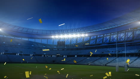 golden confetti falling down in front of a sports stadium