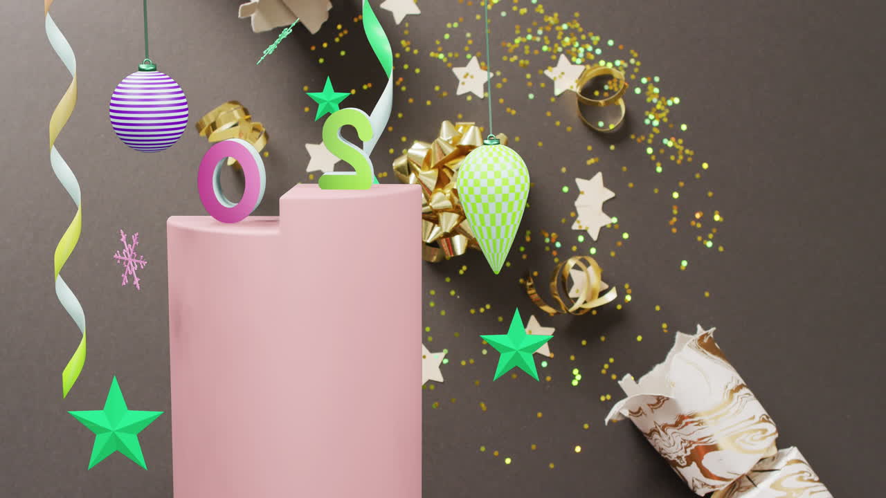 анимация текста 2025 года и рождественские украшения на заднем плане