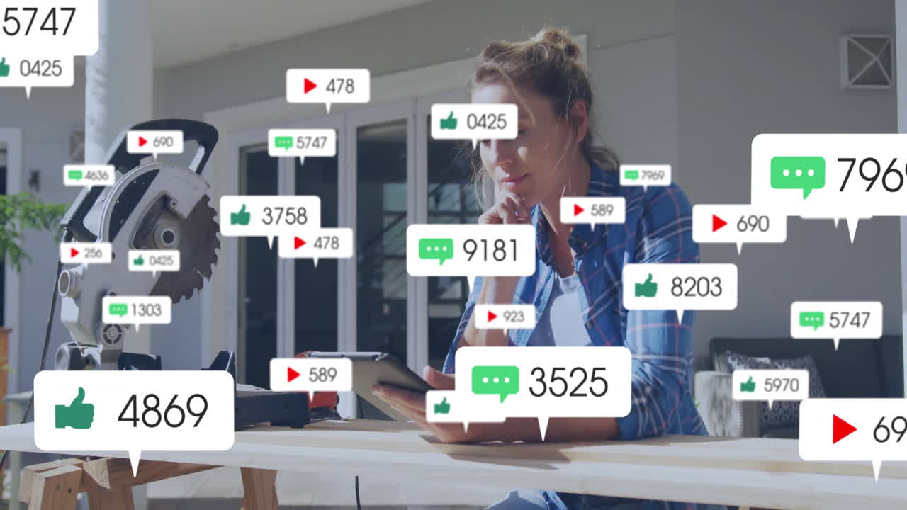 Social media engagement animation over woman using tablet at outdoor workspace