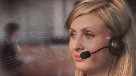 Customer-service-representative-with-headset,-processing-data-animation-in-background