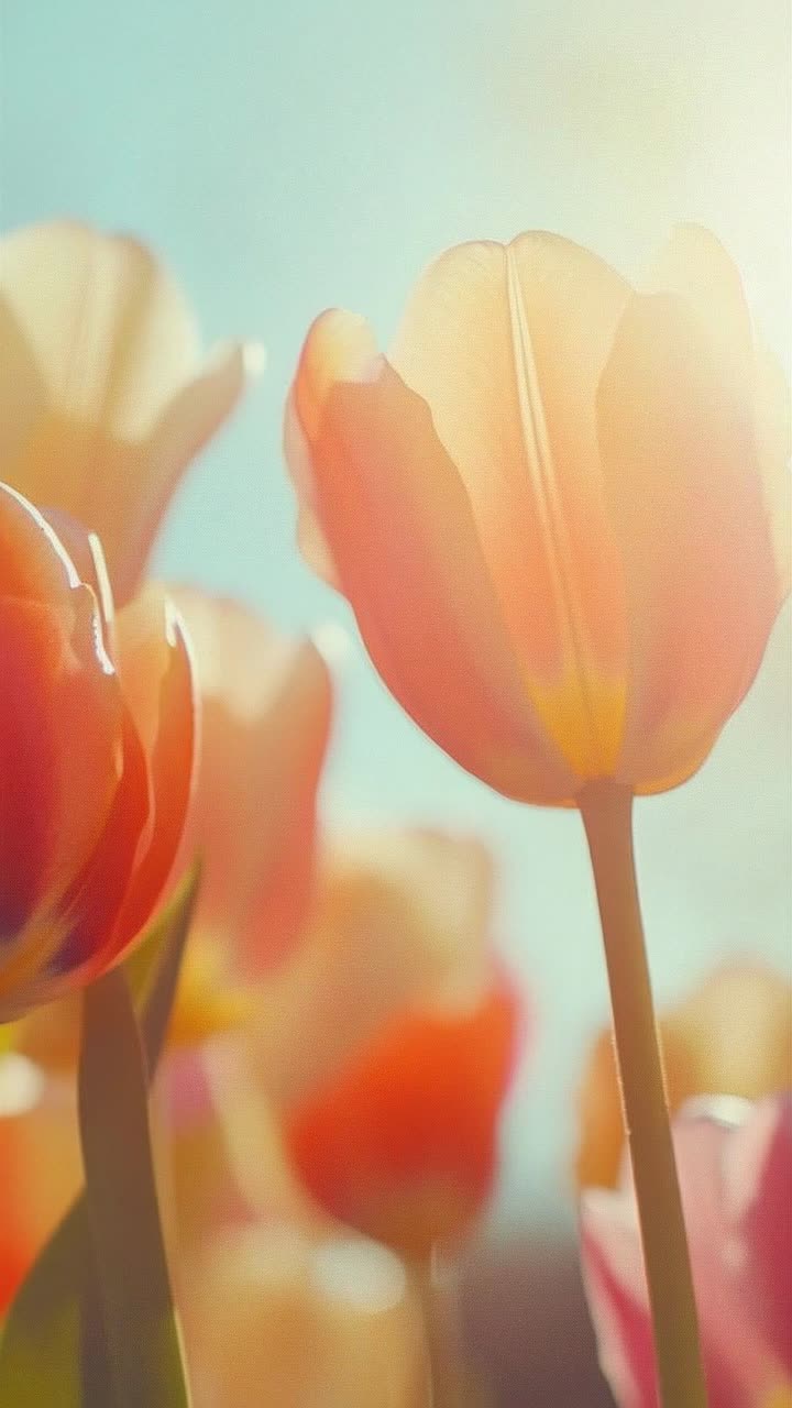 Close-up video of tulips with sunlight filtering through petals, creating a dreamy, ethereal