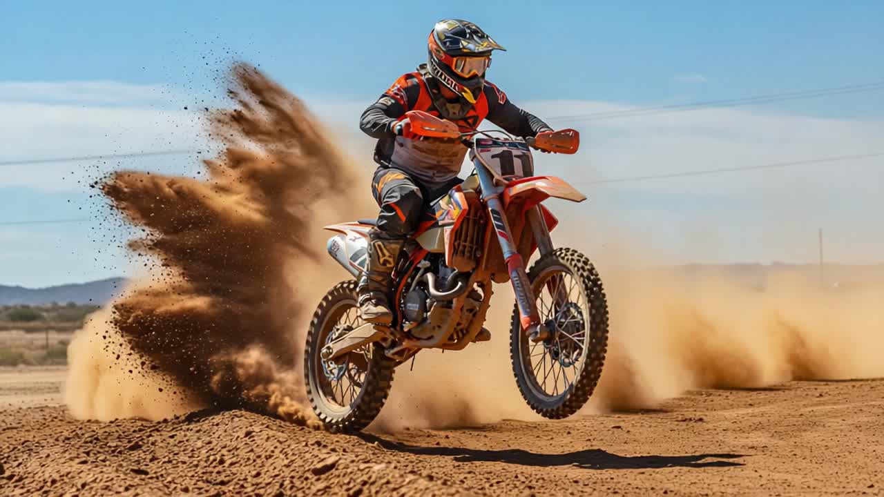 A Spectacular Display of Off-Road Motorcycling: Rider Soars Through Dusty Terrain, Capturing the Thrill and Excitement of Extreme Sports in Stunning Detail