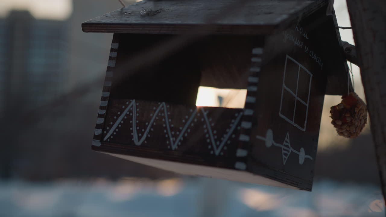 Close up of miniature wooden house hanging on tree with sun glow shining through window, blurred winter background, peaceful outdoor scene, rustic birdhouse with warm sunlight and green flare