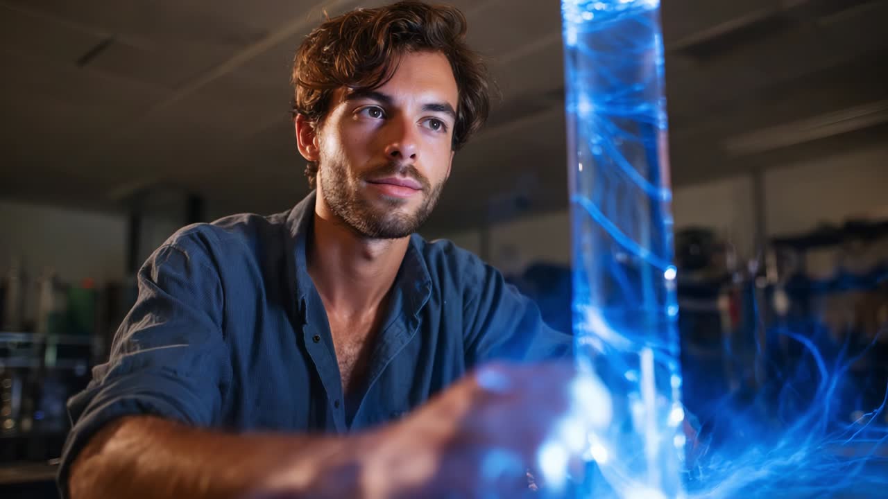 A focused young scientist demonstrates innovative technology in a lab, engaging with a glowing, electric energy source, showcasing the intersection of science and creativity in experimental research