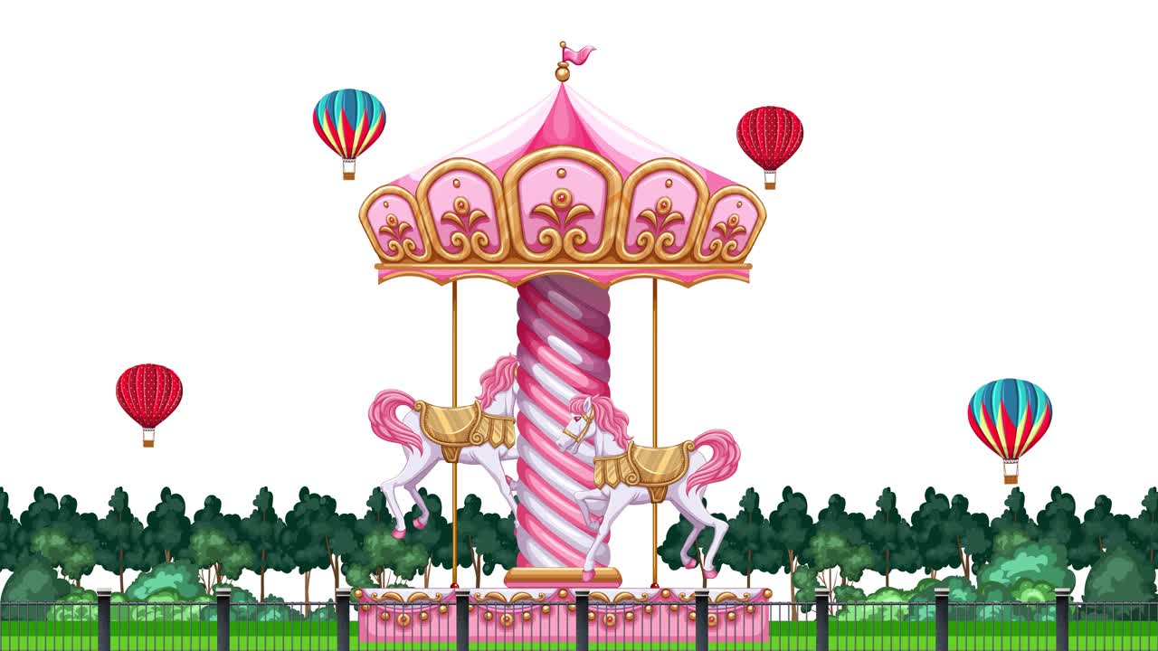 A pink carousel spins in a park with hot air balloons floating against white background