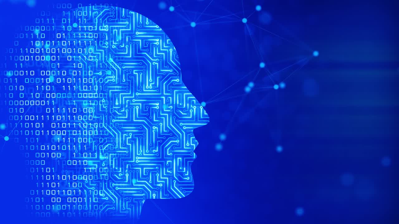 aprendizaje automático de tecnología futura, placa de circuitos de contorno facial y flujo de datos binarios en fondo de bucle azul.
