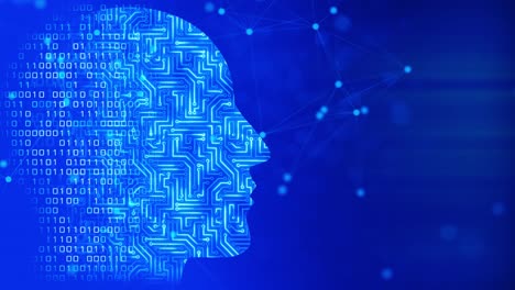 future ai tech machine learning, face outline circuit board and binary data flow on blue loop background.