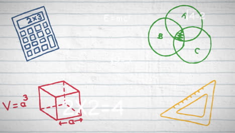 animación digital de iconos de conceptos escolares contra ecuaciones matemáticas en papel con líneas blancas