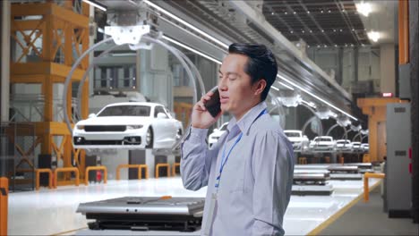 side view asian male professional worker standing in ev car factory, high-tech industrial facility, he pick the phone up and started to specking to it with a slicely smile