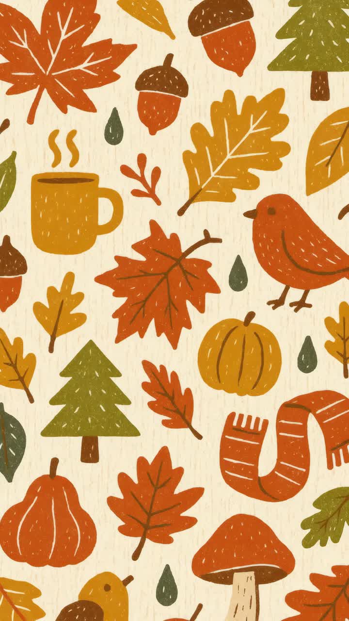 Vista superior de ilustraciones de temática otoñal con hojas, bellotas y más