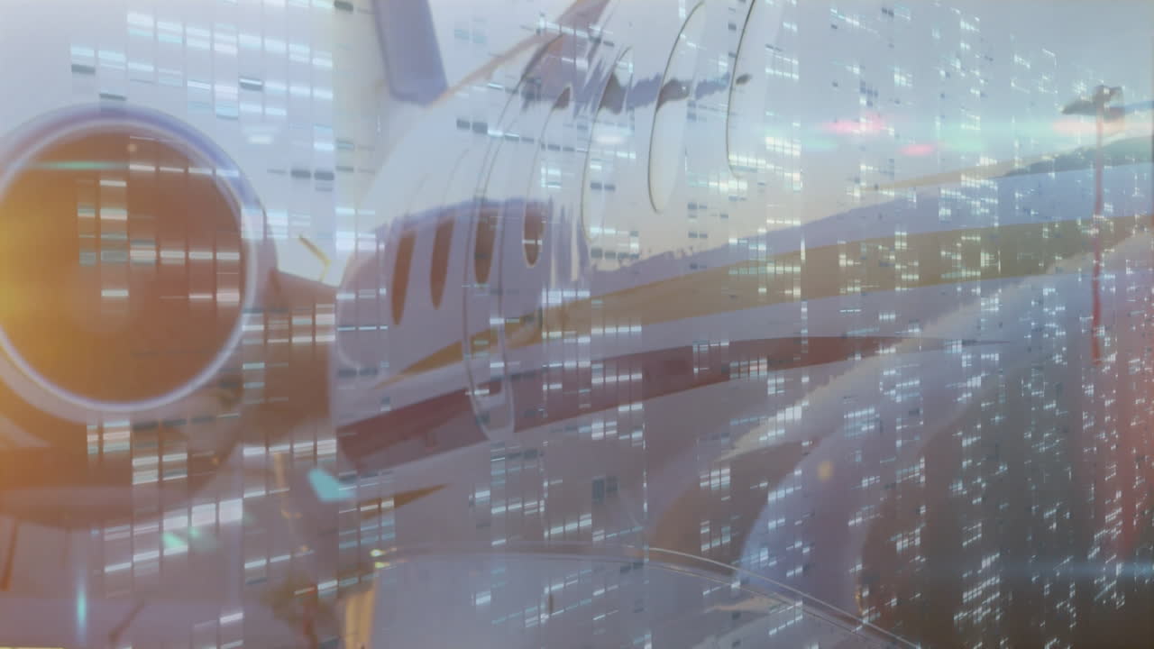 Airplane with digital data processing animation overlaying fuselage and sky