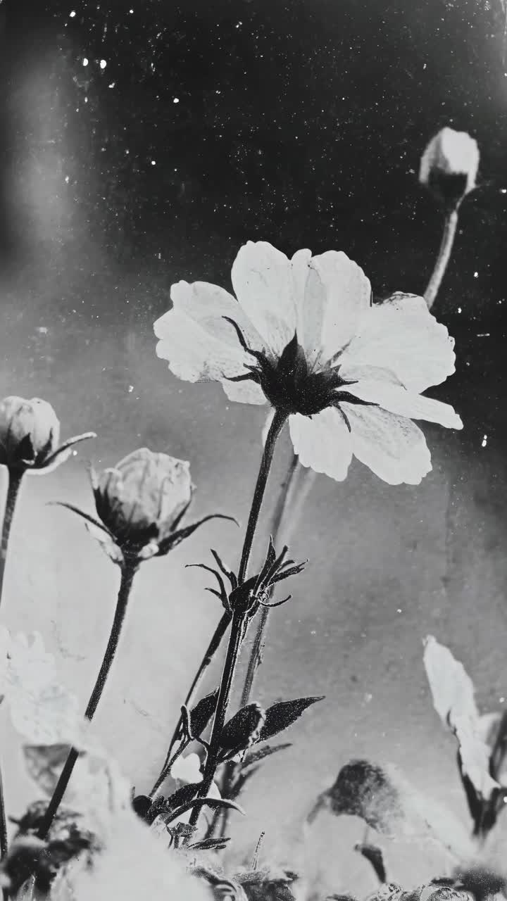 Black and white close-up of blooming flowers, shot from a low angle, creating a vintage video feel