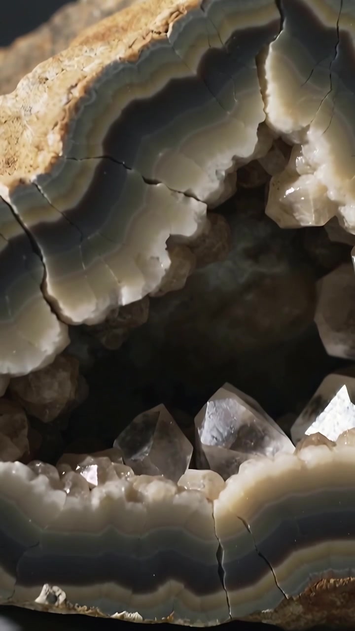 Vidéo verticale : La caméra recule, révélant une géode coupée sur une table, montrant ses bandes et son quartz.