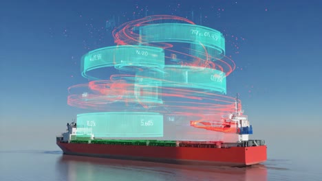 futuristic cargo ship with digital data overlay