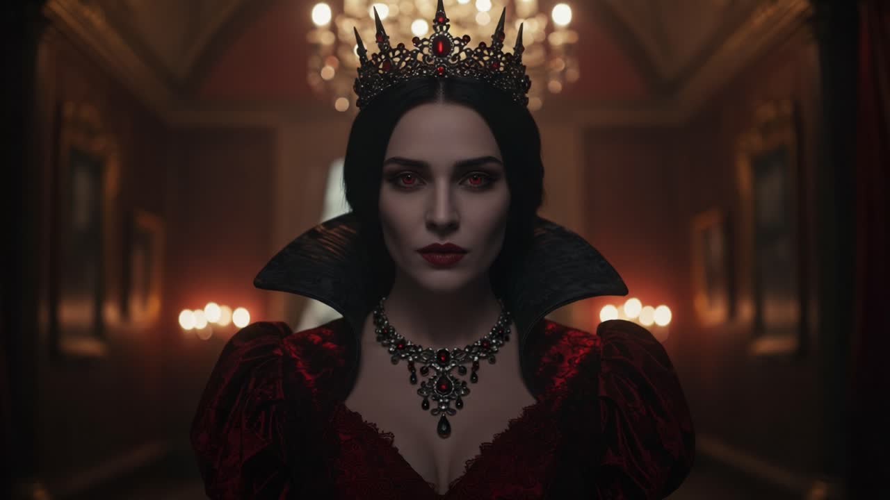 A Mysterious Queen in Red: The Haunting Elegance of Dark Royalty Captured in a Cinematic Scene Filled with Shadows and Intrigue