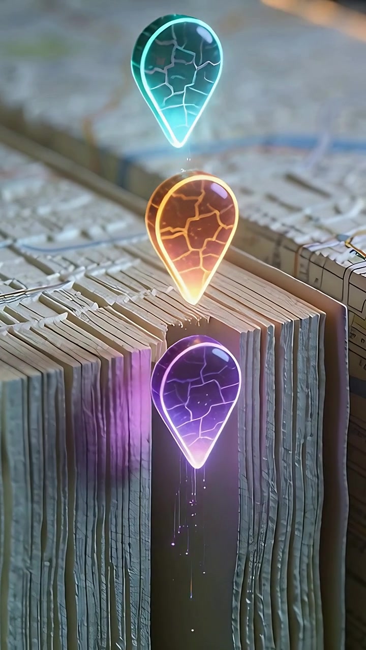 Video verticale: Animazione di tre indicatori a goccia che scendono sopra il bordo di una mappa, rivelando le linee della griglia