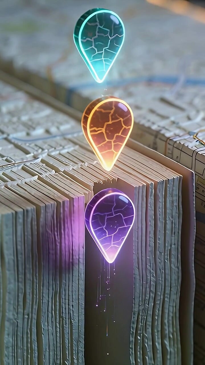 Vertical video: Animating trio teardrop markers descending over map seam, revealing grid lines
