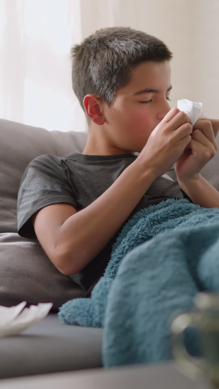 Sick boy sneezing into tissue and discarding it, surrounded by used tissues on couch with natural light shining through window, comfortable indoor environment with tissues scattered around