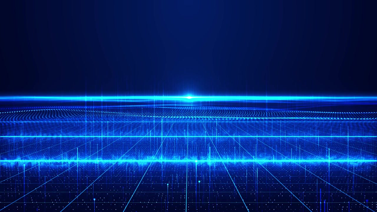 Futuristisk blåt datagulv-visual med lys horisontal glød, prikket gitteroverflade og dyb virtuel effekt.