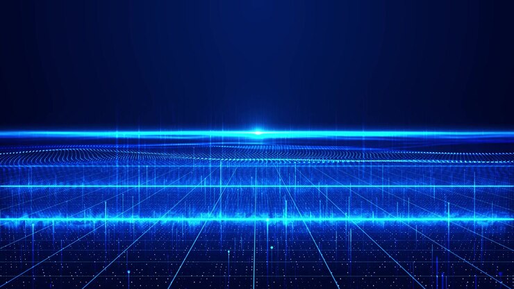 Visual futuristico di pavimento di dati blu con bagliore orizzontale brillante, superficie a griglia punteggiata e profondità virtuale.