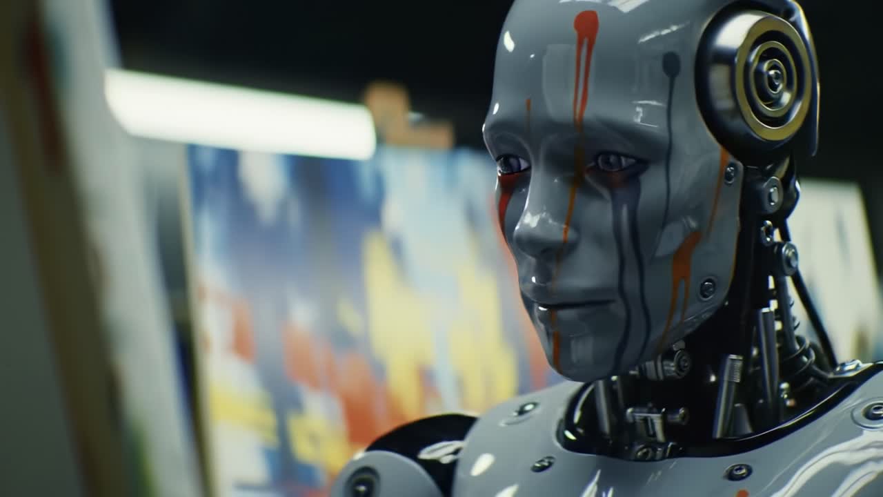 In a contemporary art gallery, a well-designed robot artist intricately crafts colorful abstract paintings. The advanced machine showcases creativity and precision while visitors observe in awe.