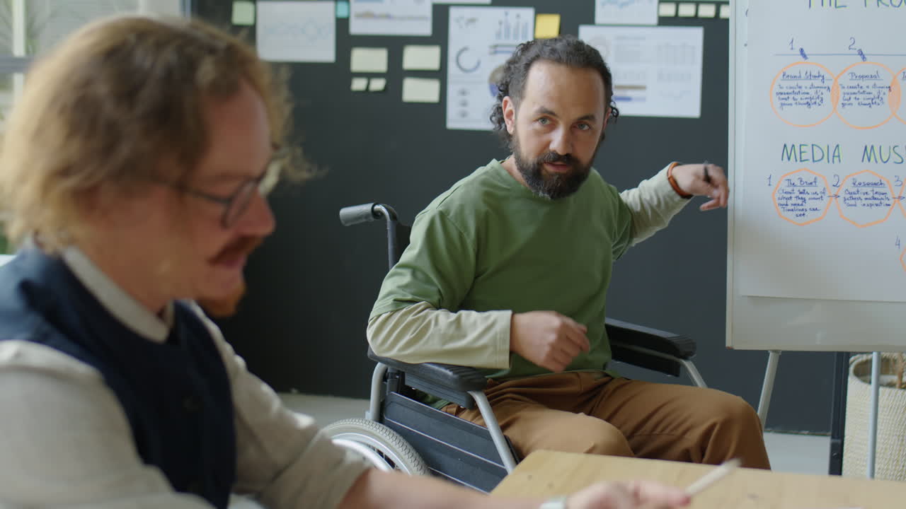 Businessman in Wheelchair Giving Presentation on Meeting