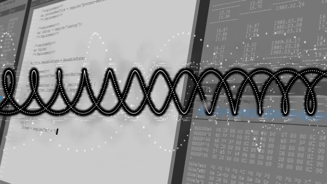 Oscillating waveform animation over computer code and data on screens