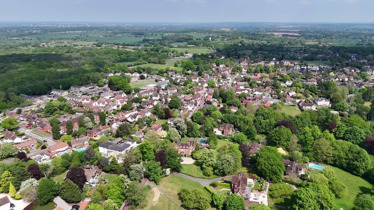 High angle establishing aerial shot Stock Village in Essex UK
