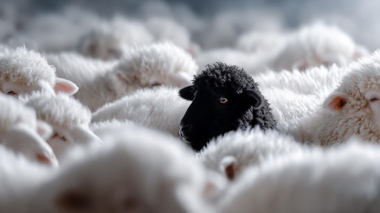 Un forte contrasto visivo è rappresentato in una scena piena di pecore, dove una pecora nera si distingue in un mare di soffici pecore bianche, a simboleggiare l'individualità e l'unicità.